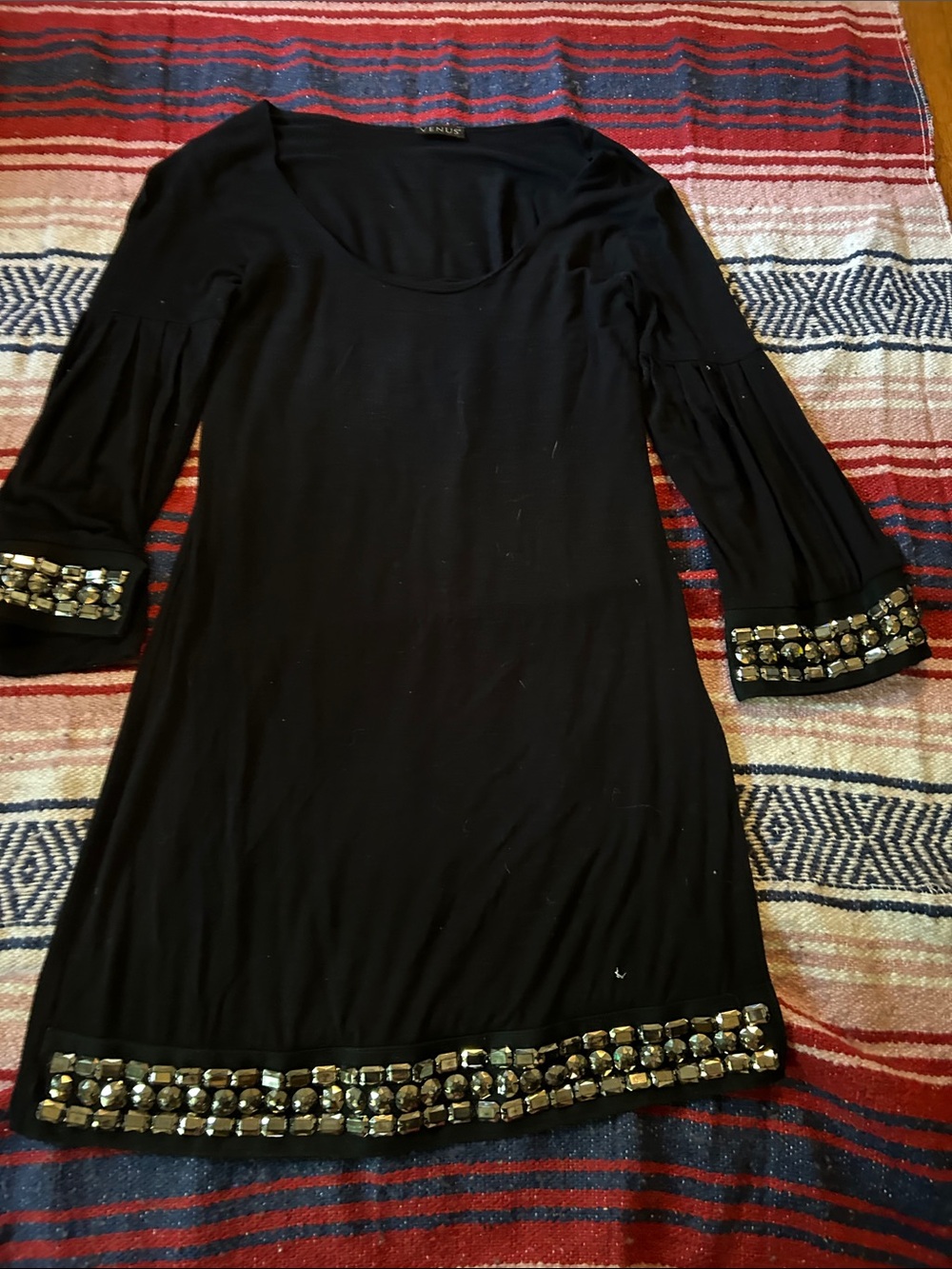 VENUS Black Mini Dress with Jeweled Trim